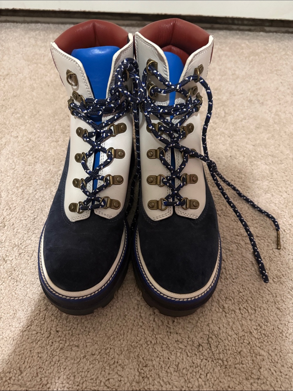 Tory Burch Navy, White and Blue Lace-Up Hiking Boots